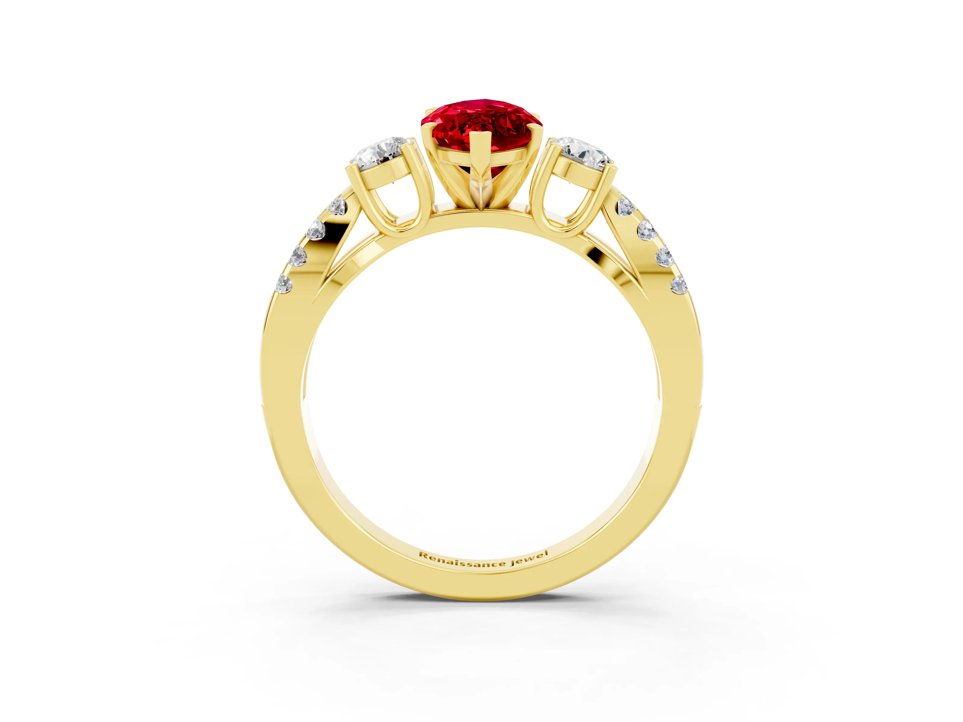 Yellow gold Marquise Cut Ruby Three-Stone Ring with Pavé Split Shank and Four-Prong Setting_15