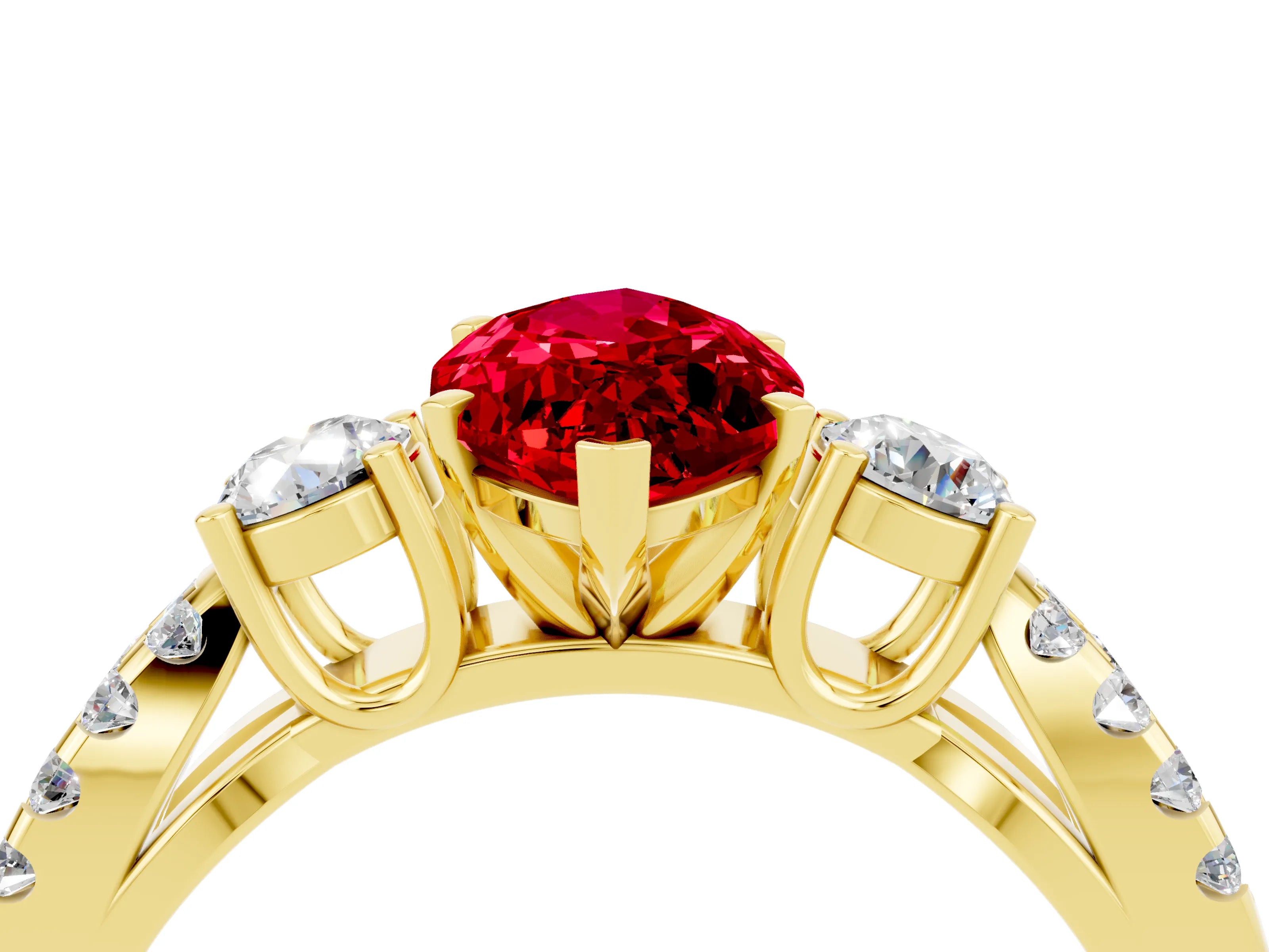 Yellow gold Marquise Cut Ruby Three-Stone Ring with Pavé Split Shank and Four-Prong Setting_16
