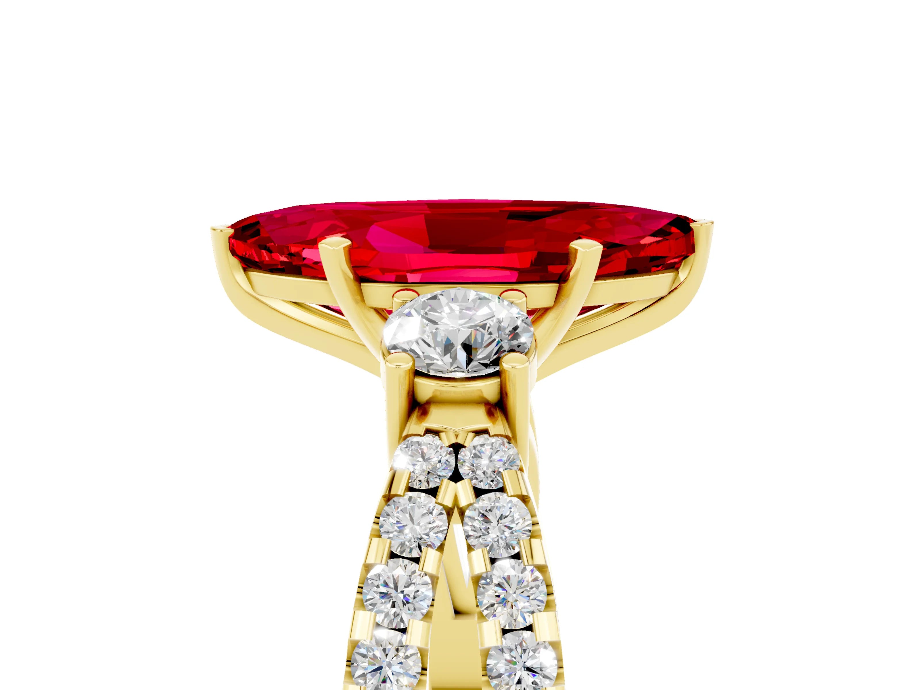 Yellow gold Marquise Cut Ruby Three-Stone Ring with Pavé Split Shank and Four-Prong Setting_17