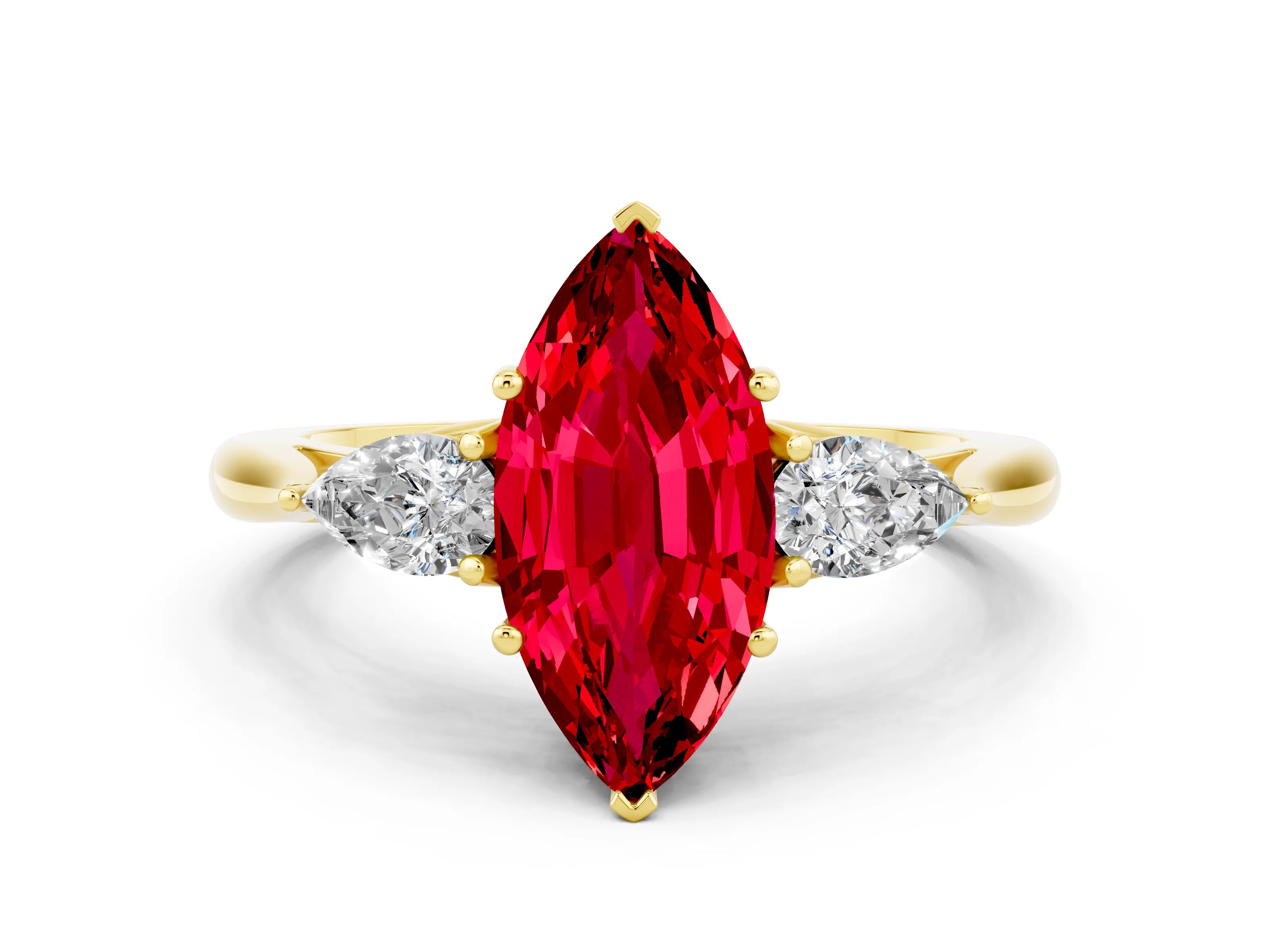 Yellow gold Marquise Cut Ruby Three-Stone Ring with Pear Side Stones and Four-Prong Setting_12