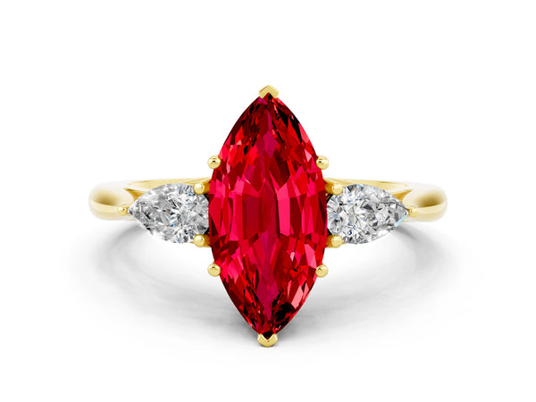 Yellow gold Marquise Cut Ruby Three-Stone Ring with Pear  Side Stones and Prong Setting