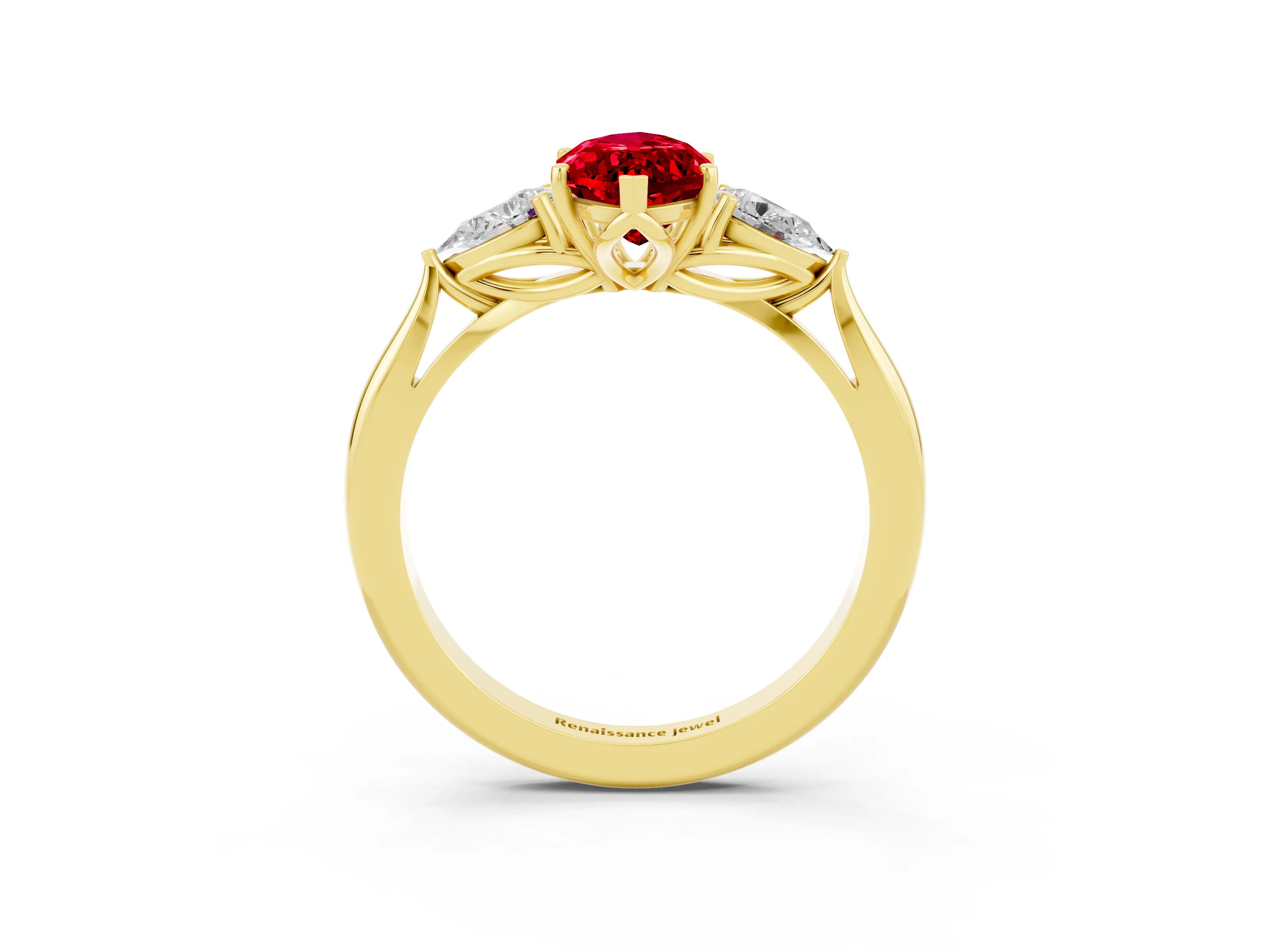 Yellow gold Marquise Cut Ruby Three-Stone Ring with Pear Side Stones and Four-Prong Setting_15