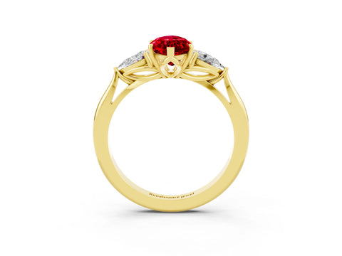 Yellow gold Marquise Cut Ruby Three-Stone Ring with Pear Side Stones and Four-Prong Setting_15
