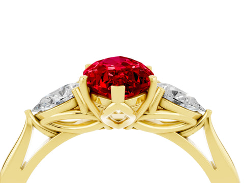 Yellow gold Marquise Cut Ruby Three-Stone Ring with Pear Side Stones and Four-Prong Setting_16
