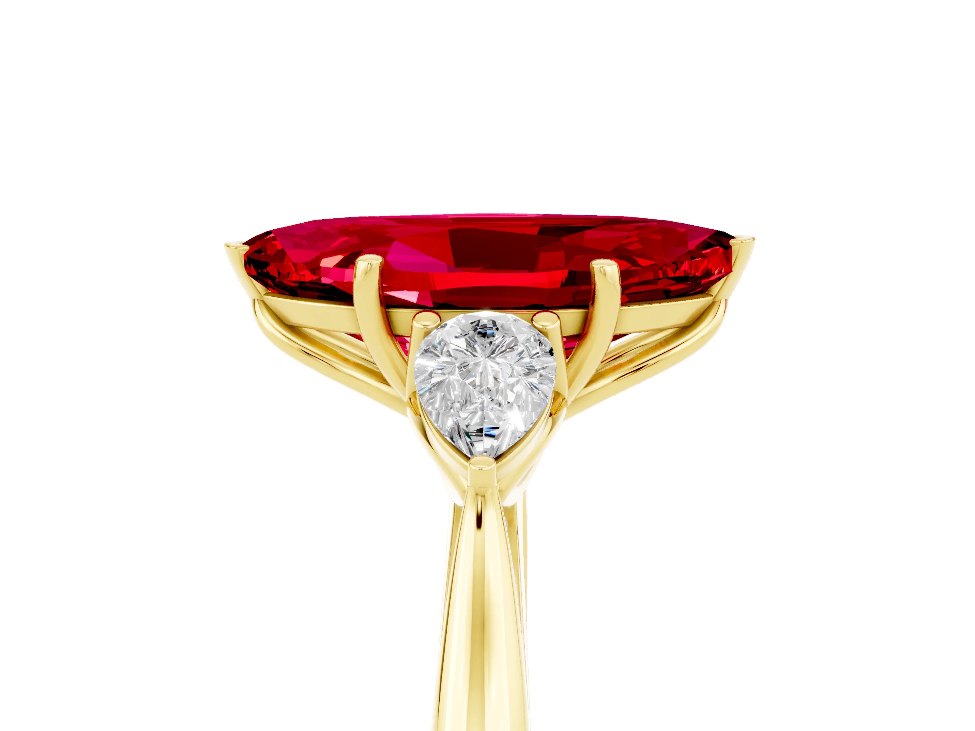 Yellow gold Marquise Cut Ruby Three-Stone Ring with Pear Side Stones and Four-Prong Setting_17
