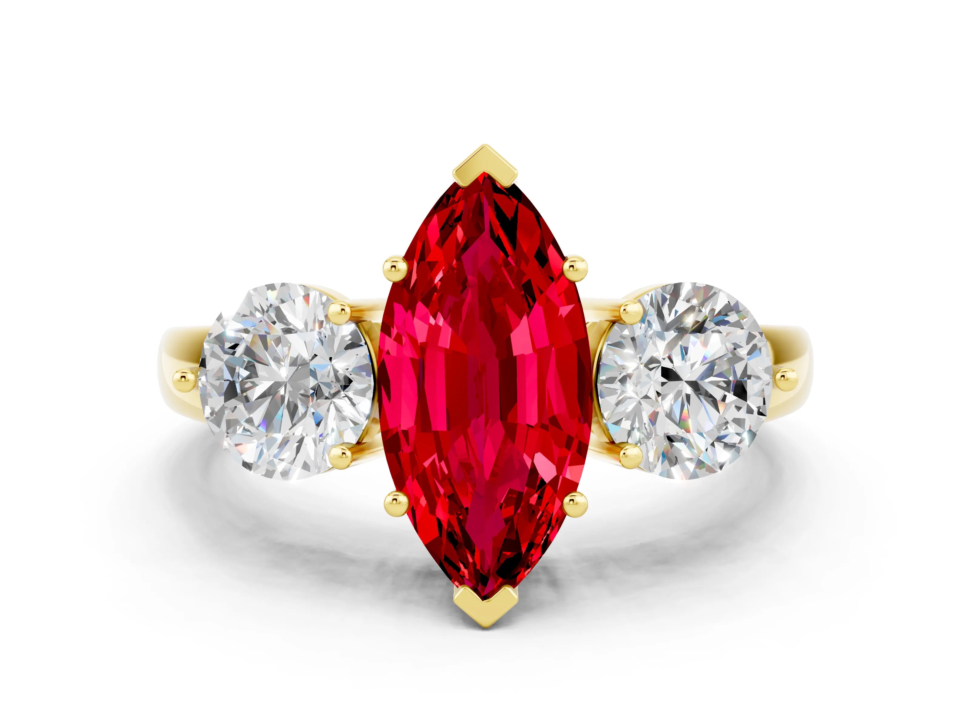 Yellow gold Marquise Cut Ruby Three-Stone Ring with Prong Setting and Classic Band