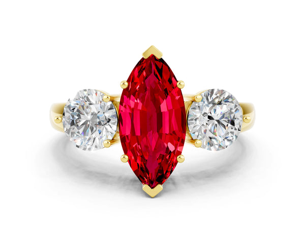 Yellow gold Marquise Cut Ruby Three-Stone Ring with Prong Setting and Classic Band