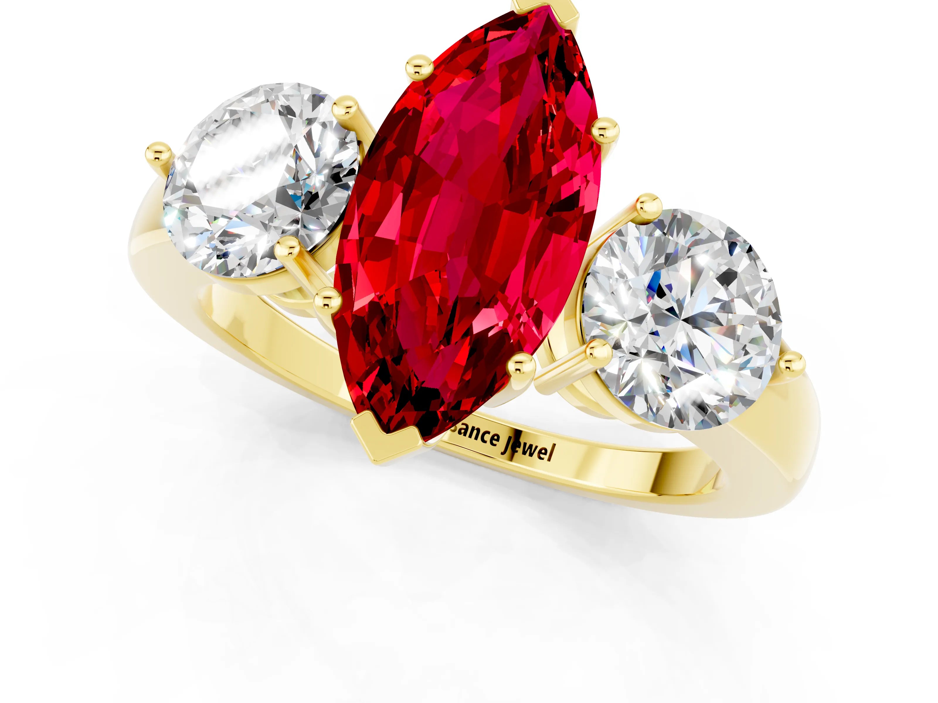 Yellow gold Marquise Cut Ruby Three-Stone Ring with Prong Setting and Classic Band_1