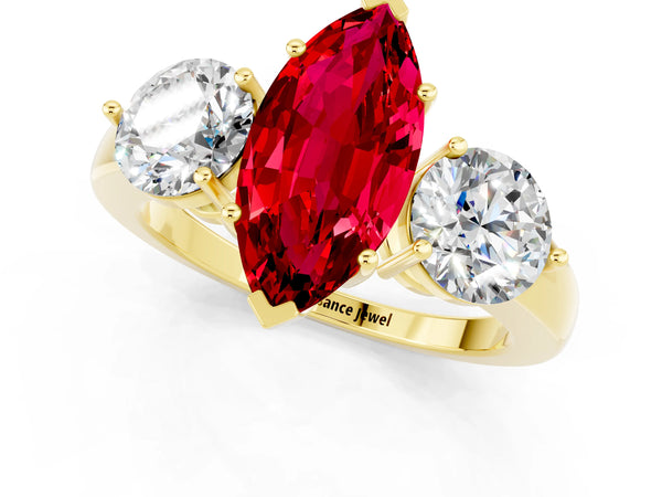 Yellow gold Marquise Cut Ruby Three-Stone Ring with Prong Setting and Classic Band