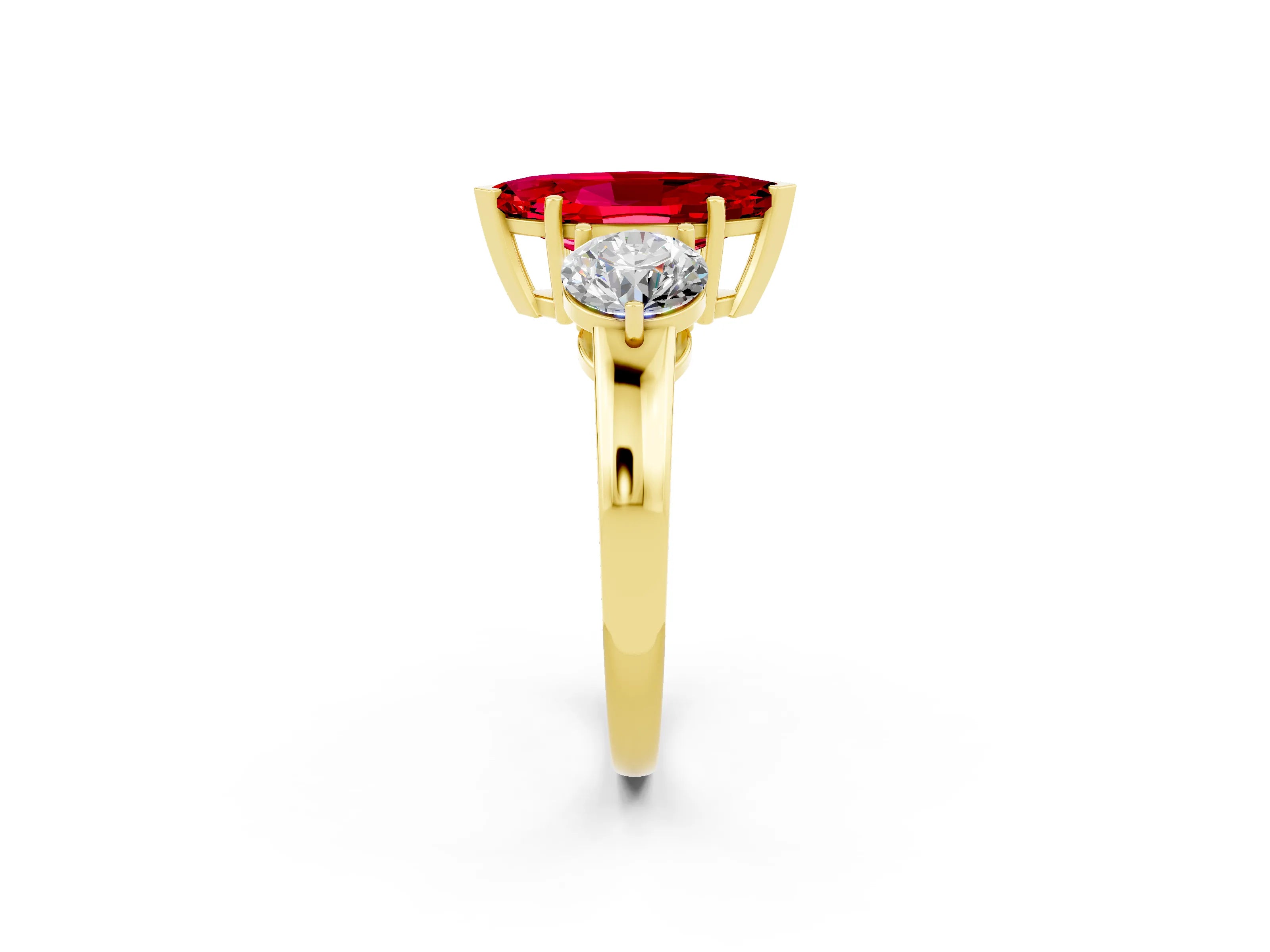 Yellow gold Marquise Cut Ruby Three-Stone Ring with Prong Setting and Classic Band_2