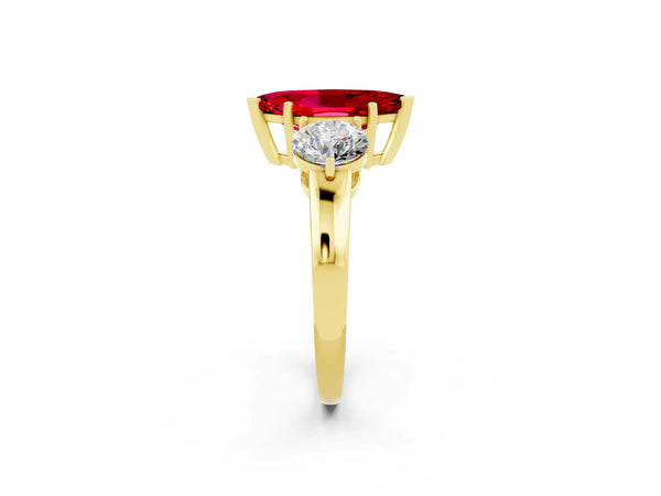 Yellow gold Marquise Cut Ruby Three-Stone Ring with Prong Setting and Classic Band