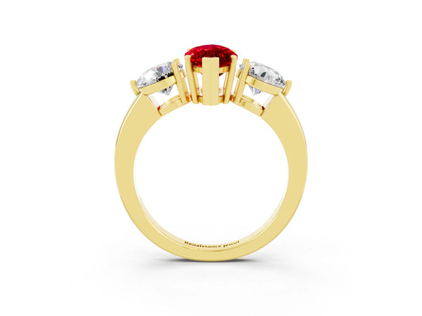 Yellow gold Marquise Cut Ruby Three-Stone Ring with Prong Setting and Classic Band