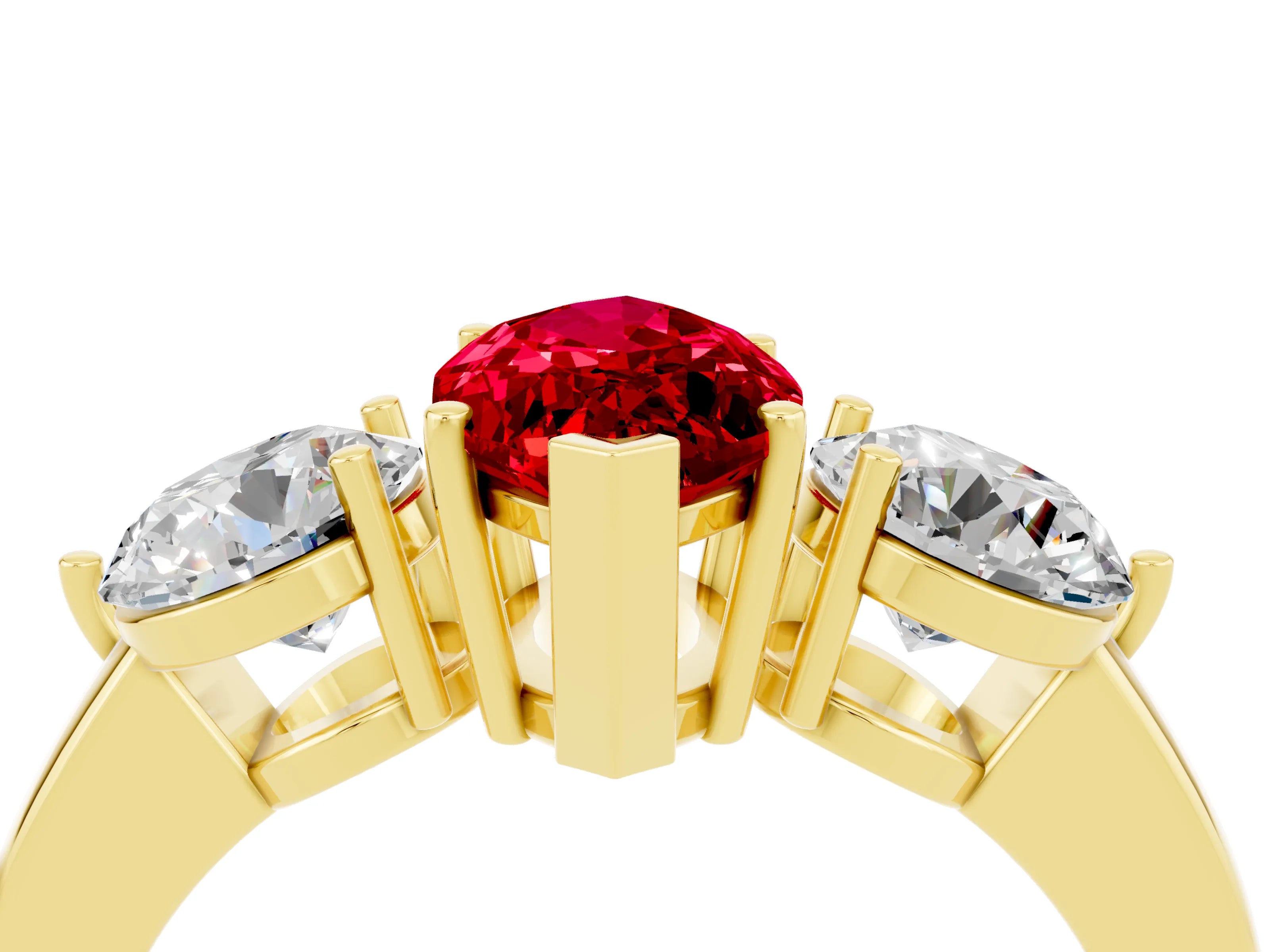 Yellow gold Marquise Cut Ruby Three-Stone Ring with Prong Setting and Classic Band_4