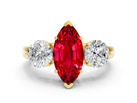 Yellow gold Marquise Cut Ruby Three-Stone Ring with Prong Setting and Classic Band