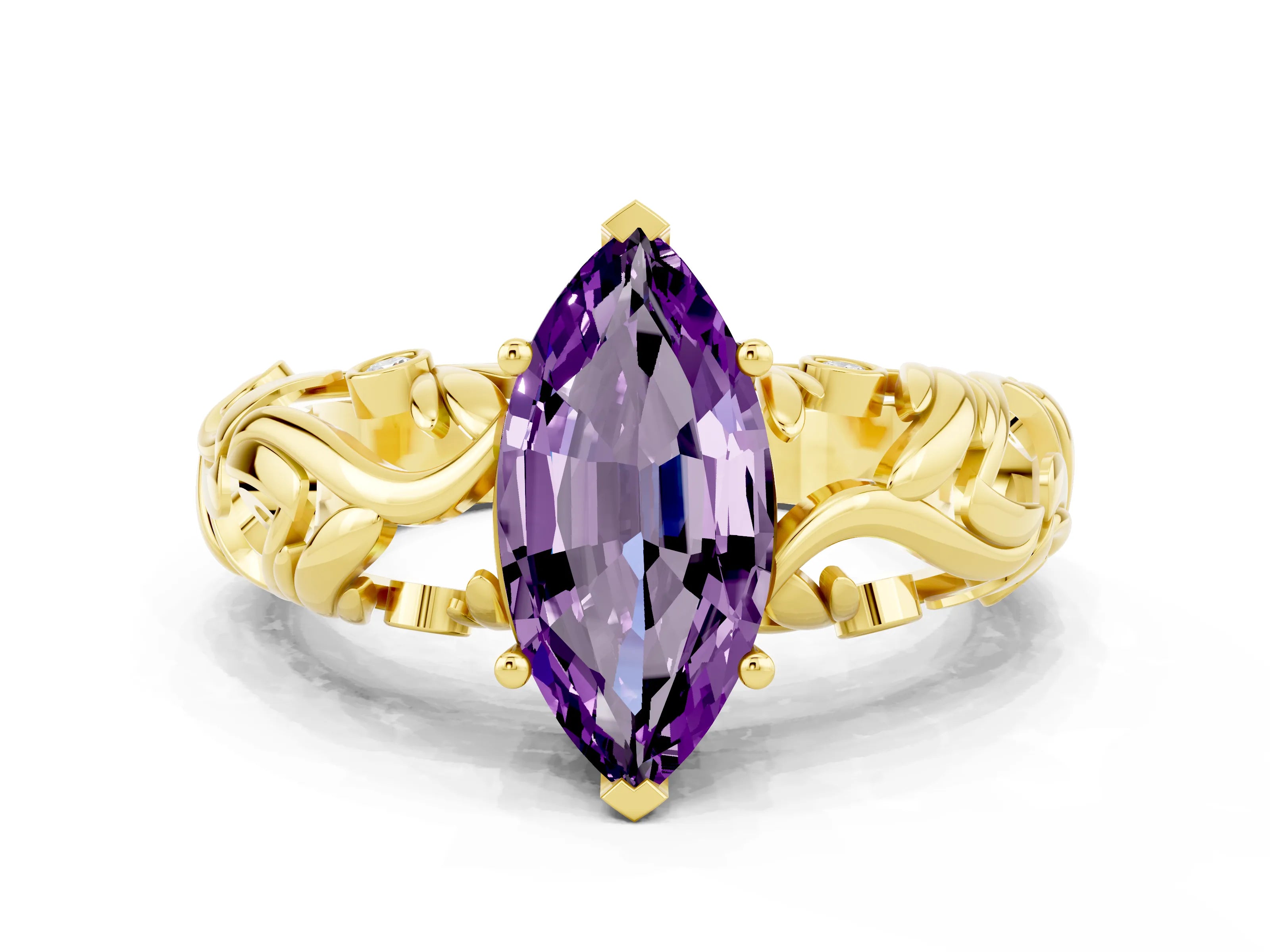 Yellow gold Marquise Cut Solitaire Amethyst Leaf-Inspired Vine Band Ring with Prong Setting