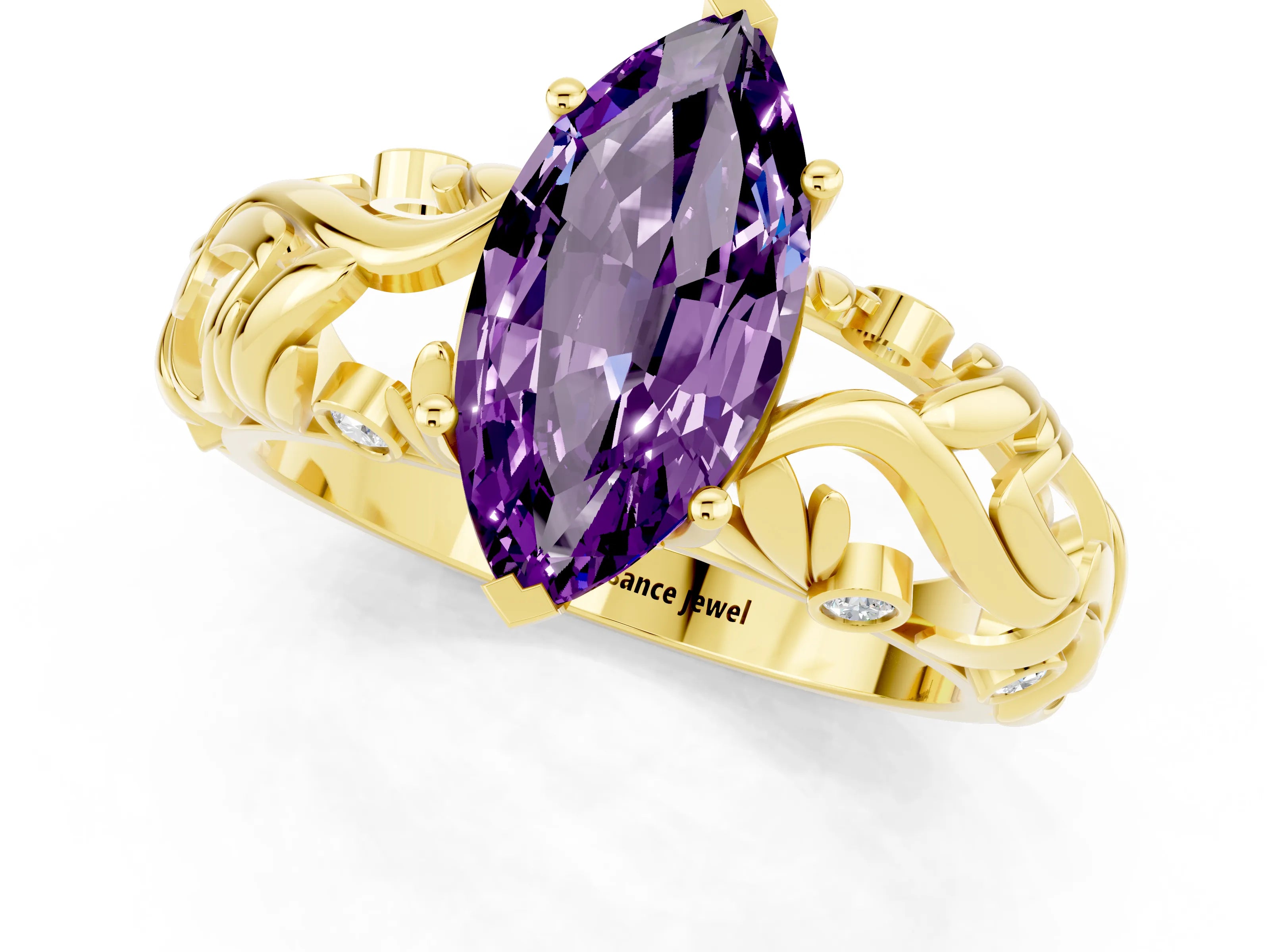 Yellow gold Marquise Cut Solitaire Amethyst Leaf-Inspired Vine Band Ring with Prong Setting_1