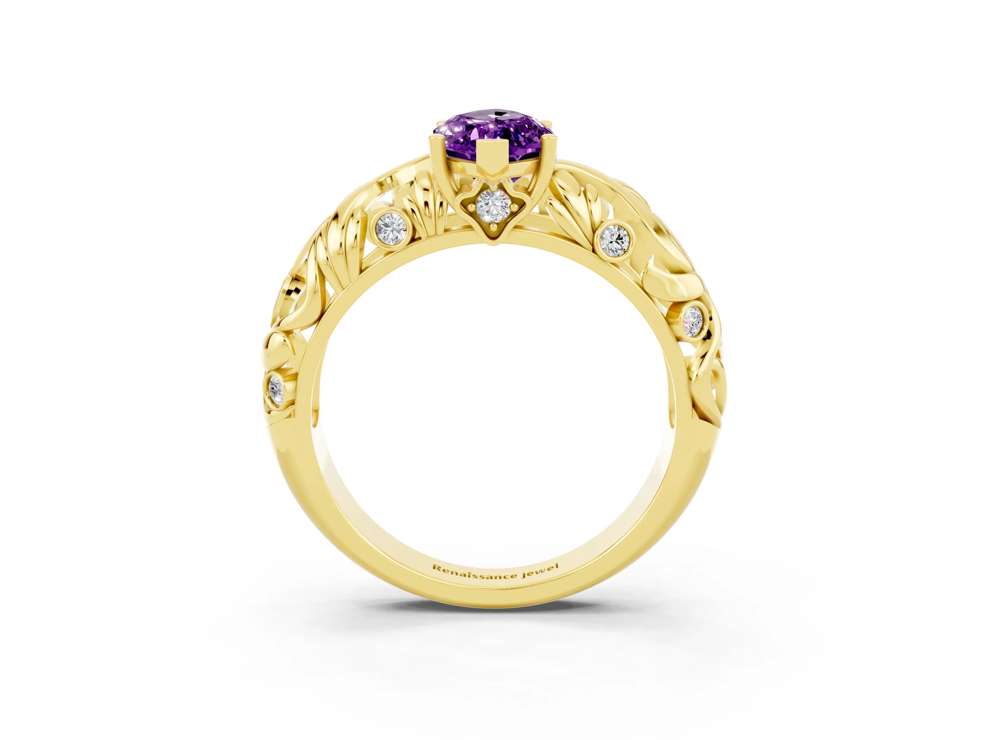 Yellow gold Marquise Cut Solitaire Amethyst Leaf-Inspired Vine Band Ring with Prong Setting_3