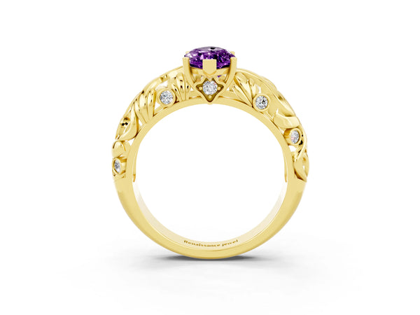 Yellow gold Marquise Cut Solitaire Amethyst Leaf-Inspired Vine Band Ring with Prong Setting