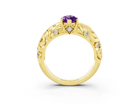 Yellow gold Marquise Cut Solitaire Amethyst Leaf-Inspired Vine Band Ring with Prong Setting_3