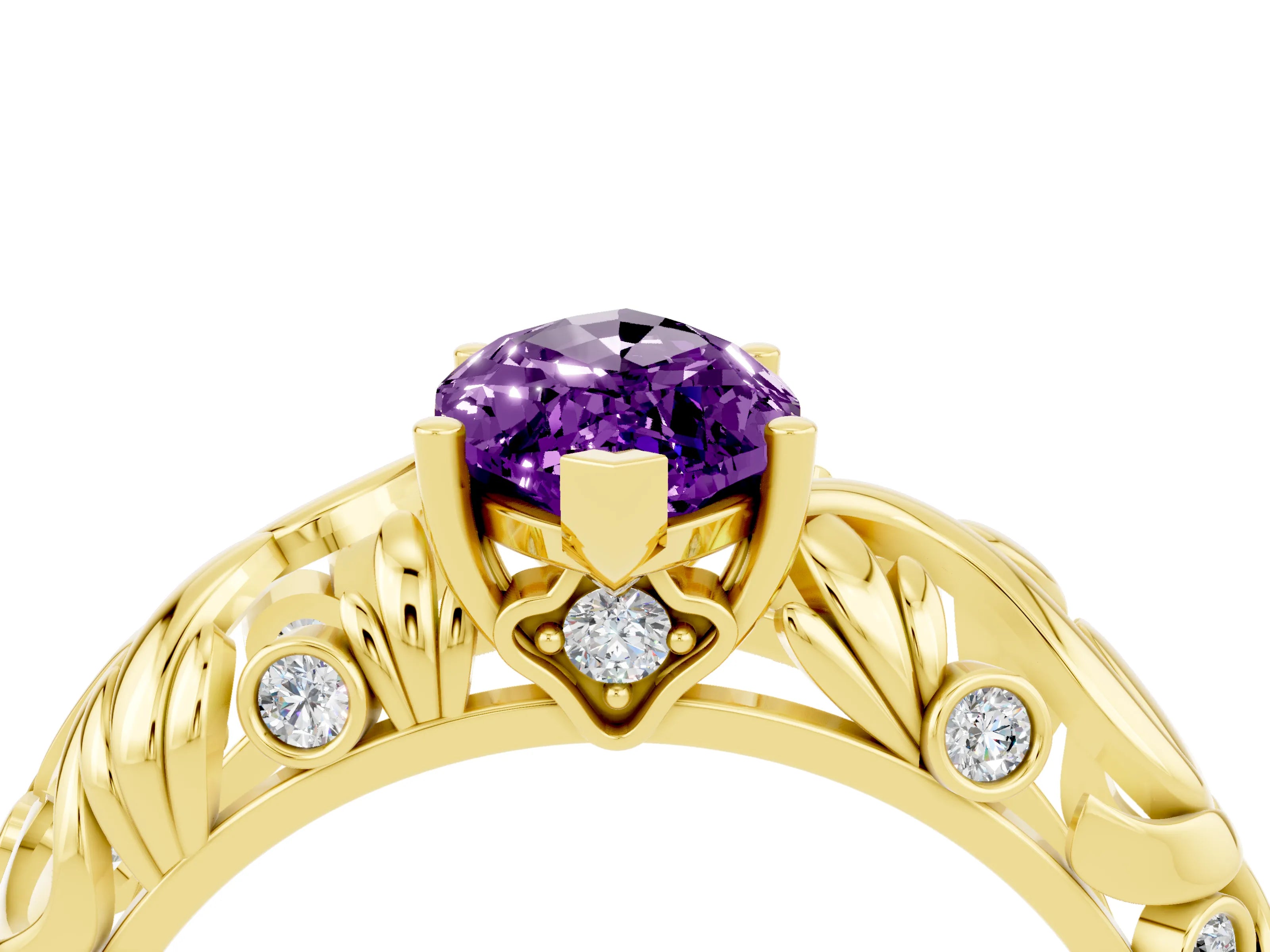 Yellow gold Marquise Cut Solitaire Amethyst Leaf-Inspired Vine Band Ring with Prong Setting_4