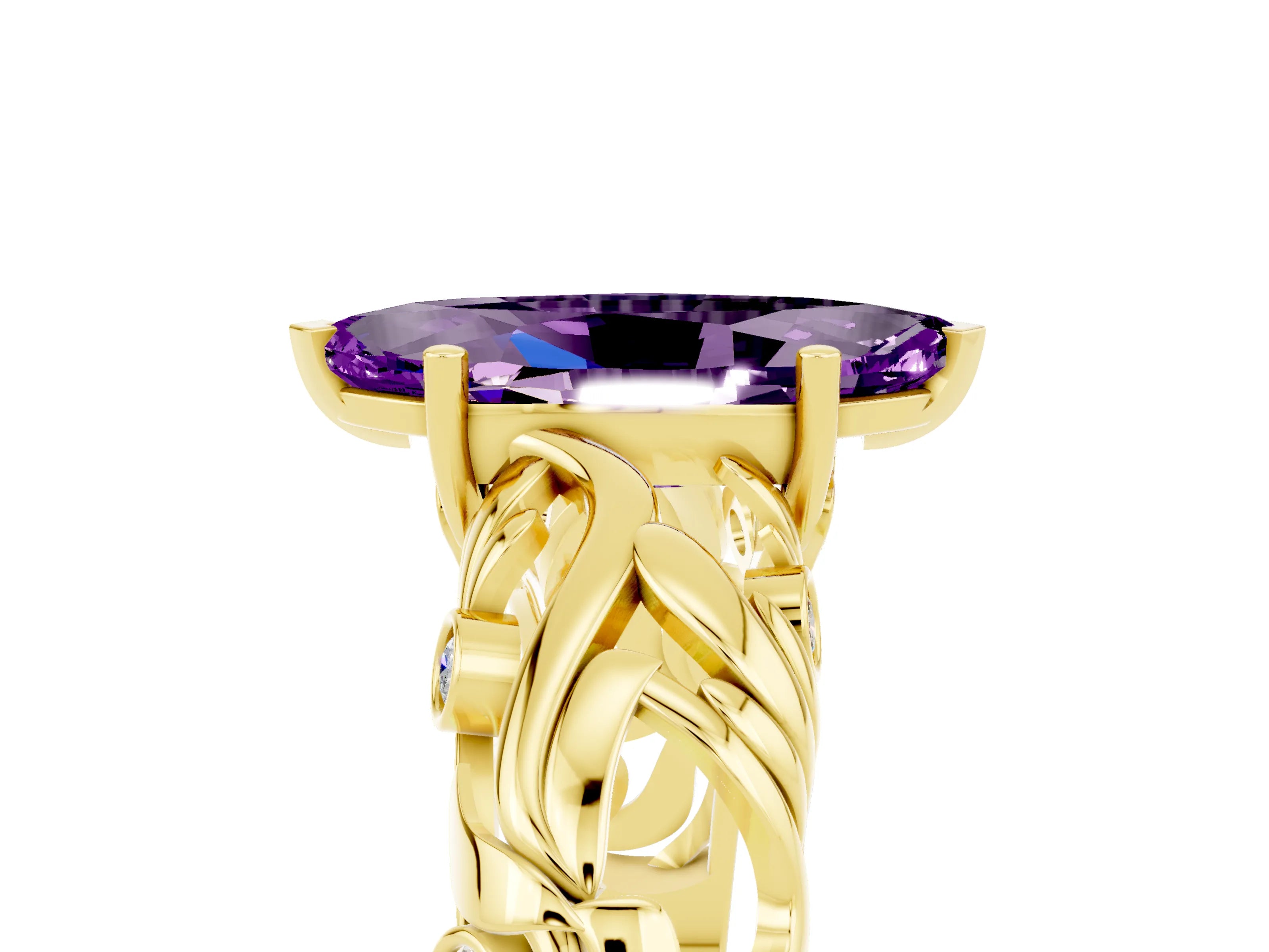 Yellow gold Marquise Cut Solitaire Amethyst Leaf-Inspired Vine Band Ring with Prong Setting_5