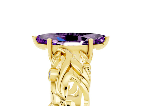 Yellow gold Marquise Cut Solitaire Amethyst Leaf-Inspired Vine Band Ring with Prong Setting_5
