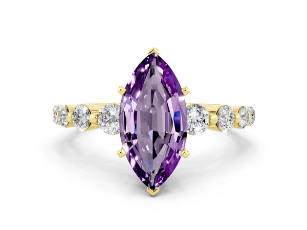 Yellow gold Marquise Cut Solitaire Amethyst Ring with Pave Band and Four-Prong Setting