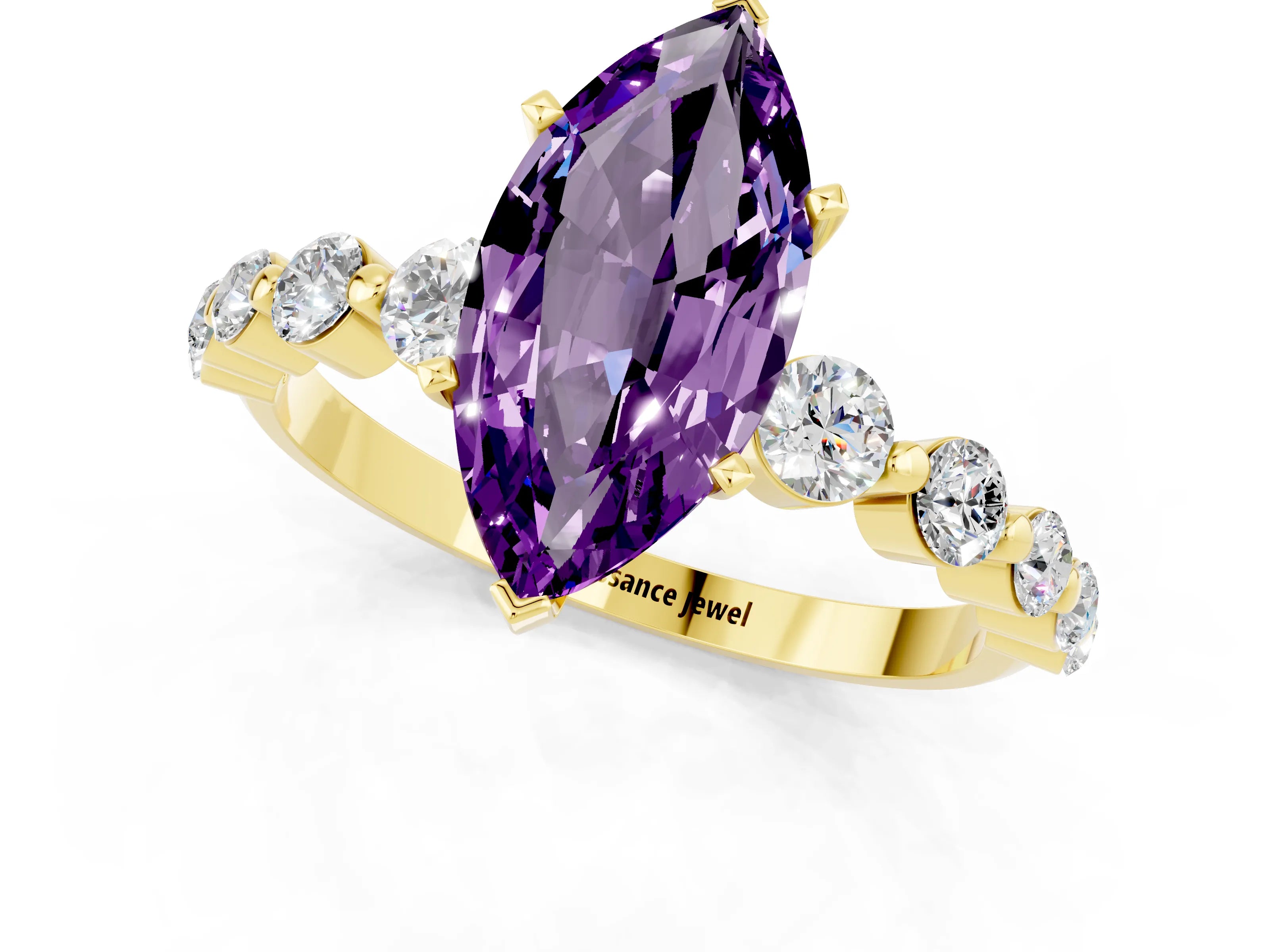 Yellow gold Marquise Cut Solitaire Amethyst Ring with Pave Band and Four-Prong Setting_1