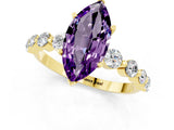 Yellow gold Marquise Cut Solitaire Amethyst Ring with Pave Band and Four-Prong Setting_1