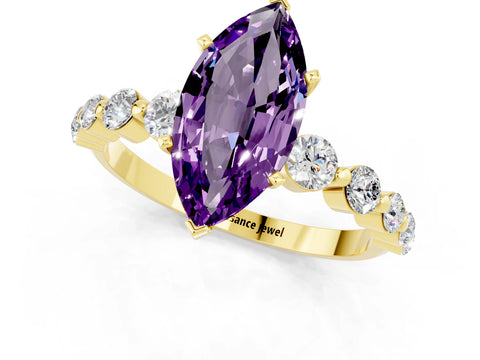 Yellow gold Marquise Cut Solitaire Amethyst Ring with Pave Band and Four-Prong Setting_1