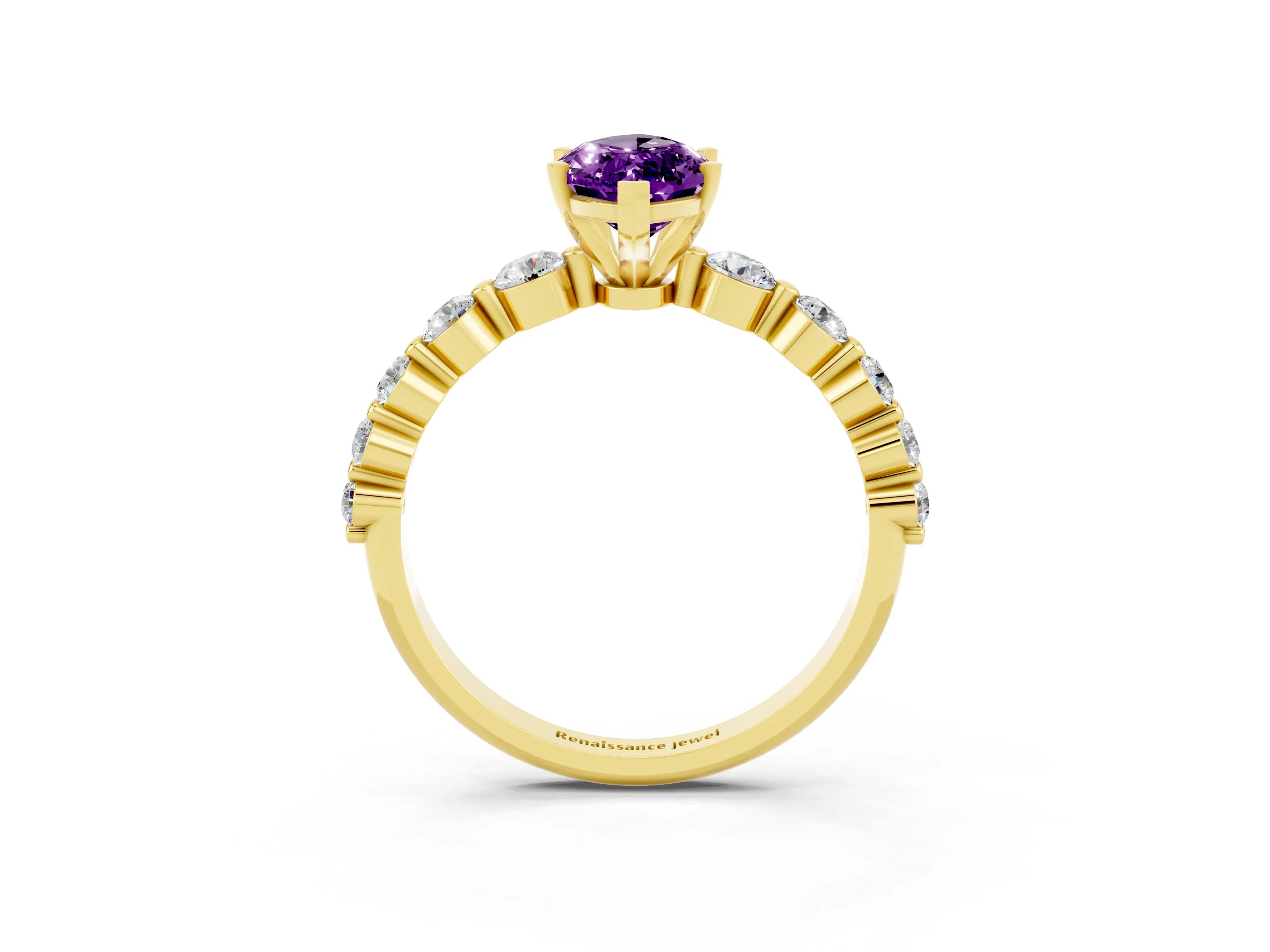 Yellow gold Marquise Cut Solitaire Amethyst Ring with Pave Band and Four-Prong Setting_3