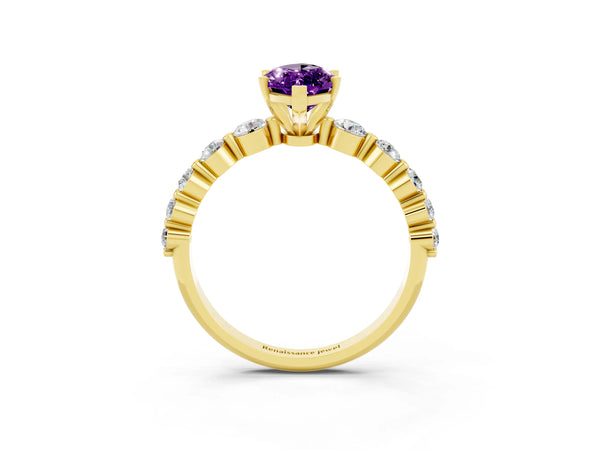 Yellow gold Marquise Cut Solitaire Amethyst Ring with Pave Band and Four-Prong Setting