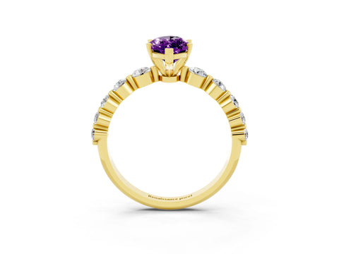 Yellow gold Marquise Cut Solitaire Amethyst Ring with Pave Band and Four-Prong Setting_3