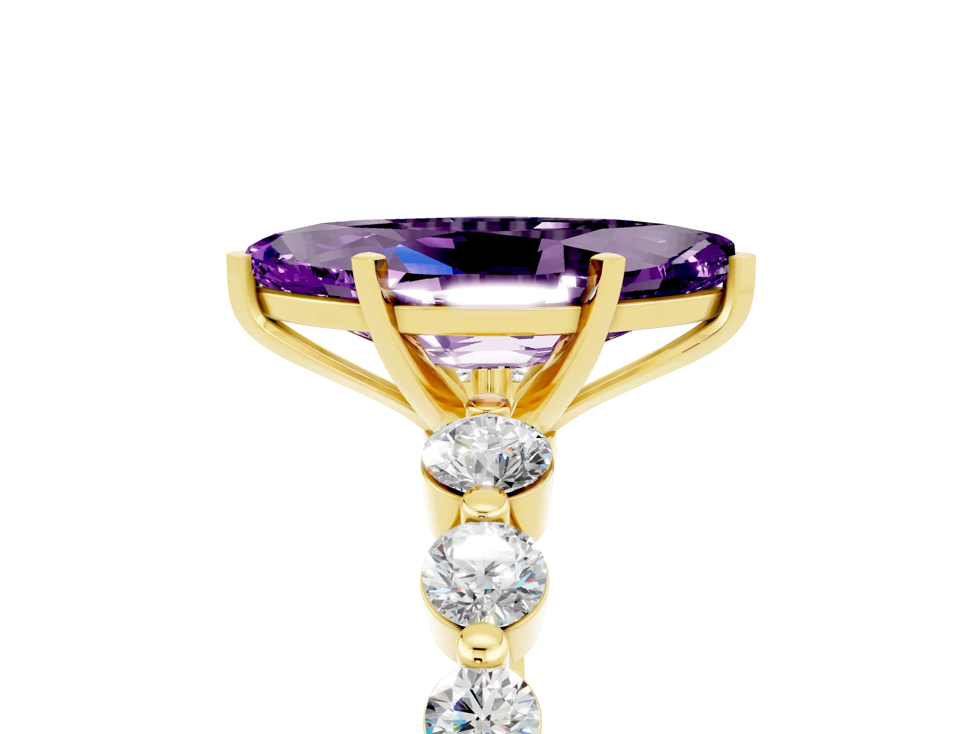 Yellow gold Marquise Cut Solitaire Amethyst Ring with Pave Band and Four-Prong Setting_5
