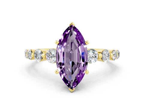 Yellow gold Marquise Cut Solitaire Amethyst Ring with Pave Band and Four-Prong Setting