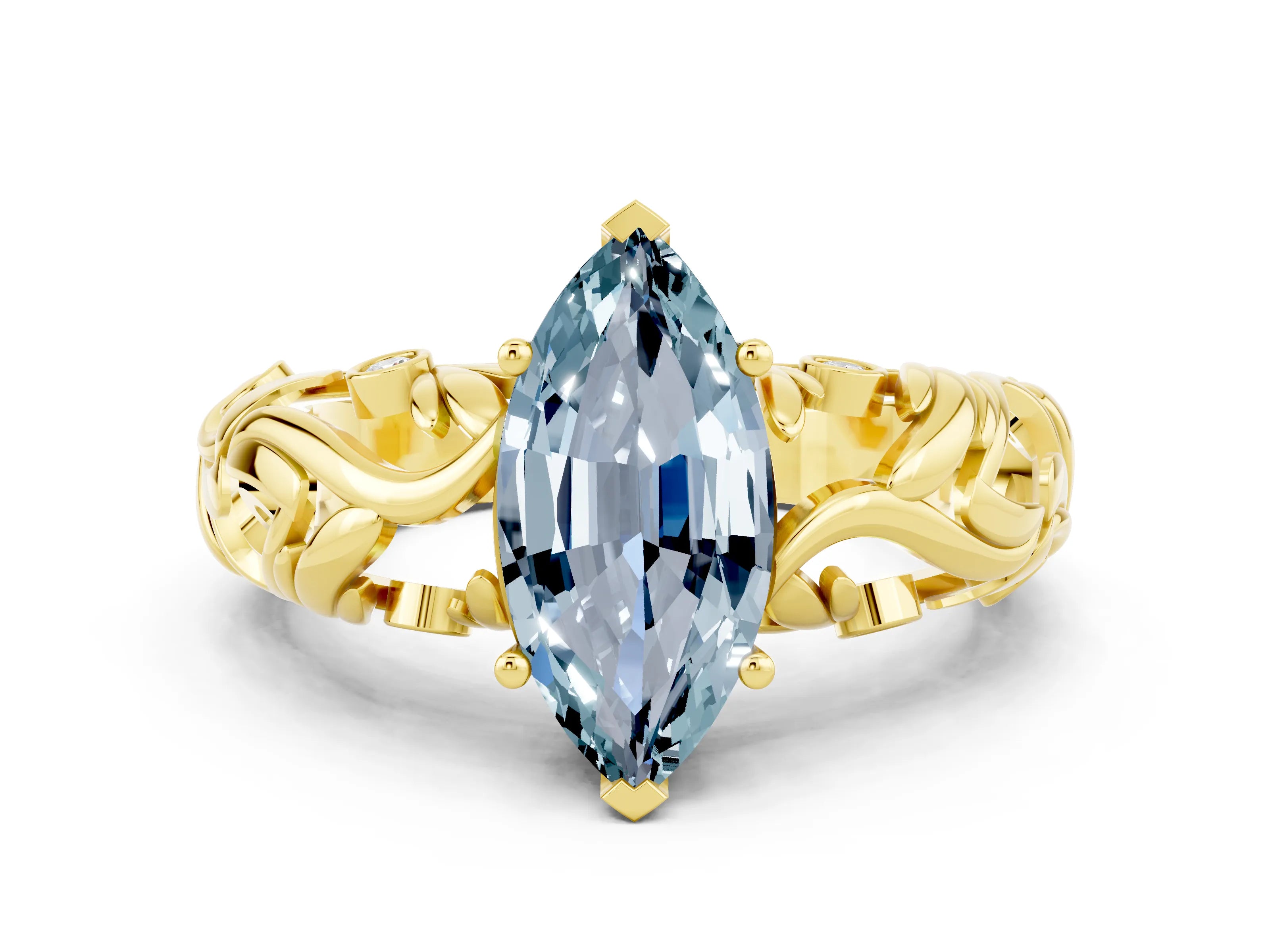 Yellow gold Marquise Cut Solitaire Aquamarine Leaf-Inspired Vine Band Ring with Prong Setting