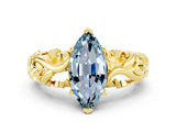 Yellow gold Marquise Cut Solitaire Aquamarine Leaf-Inspired Vine Band Ring with Prong Setting