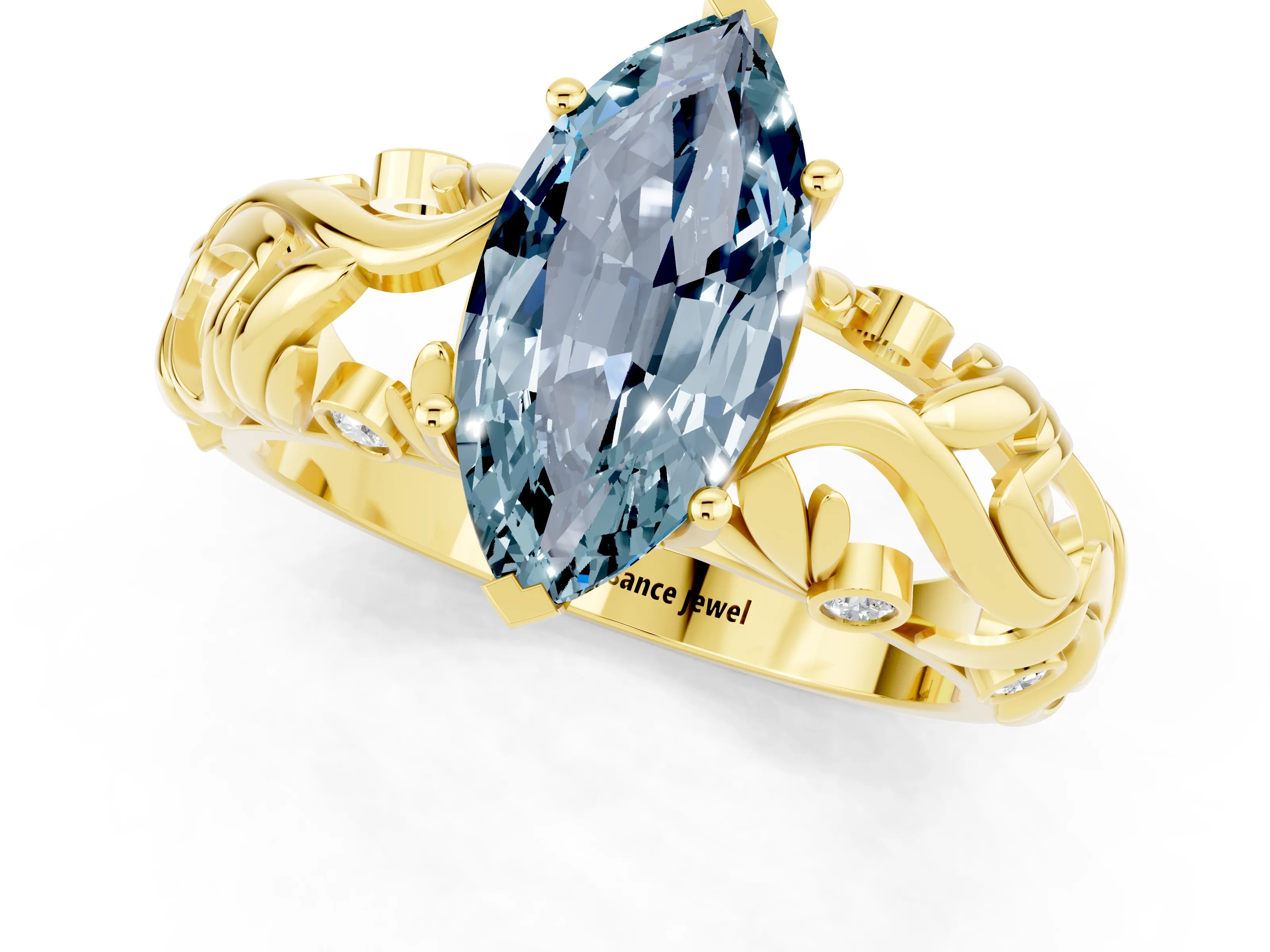 Yellow gold Marquise Cut Solitaire Aquamarine Leaf-Inspired Vine Band Ring with Prong Setting_1