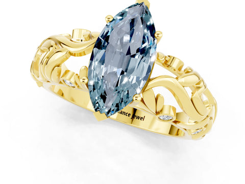 Yellow gold Marquise Cut Solitaire Aquamarine Leaf-Inspired Vine Band Ring with Prong Setting_1