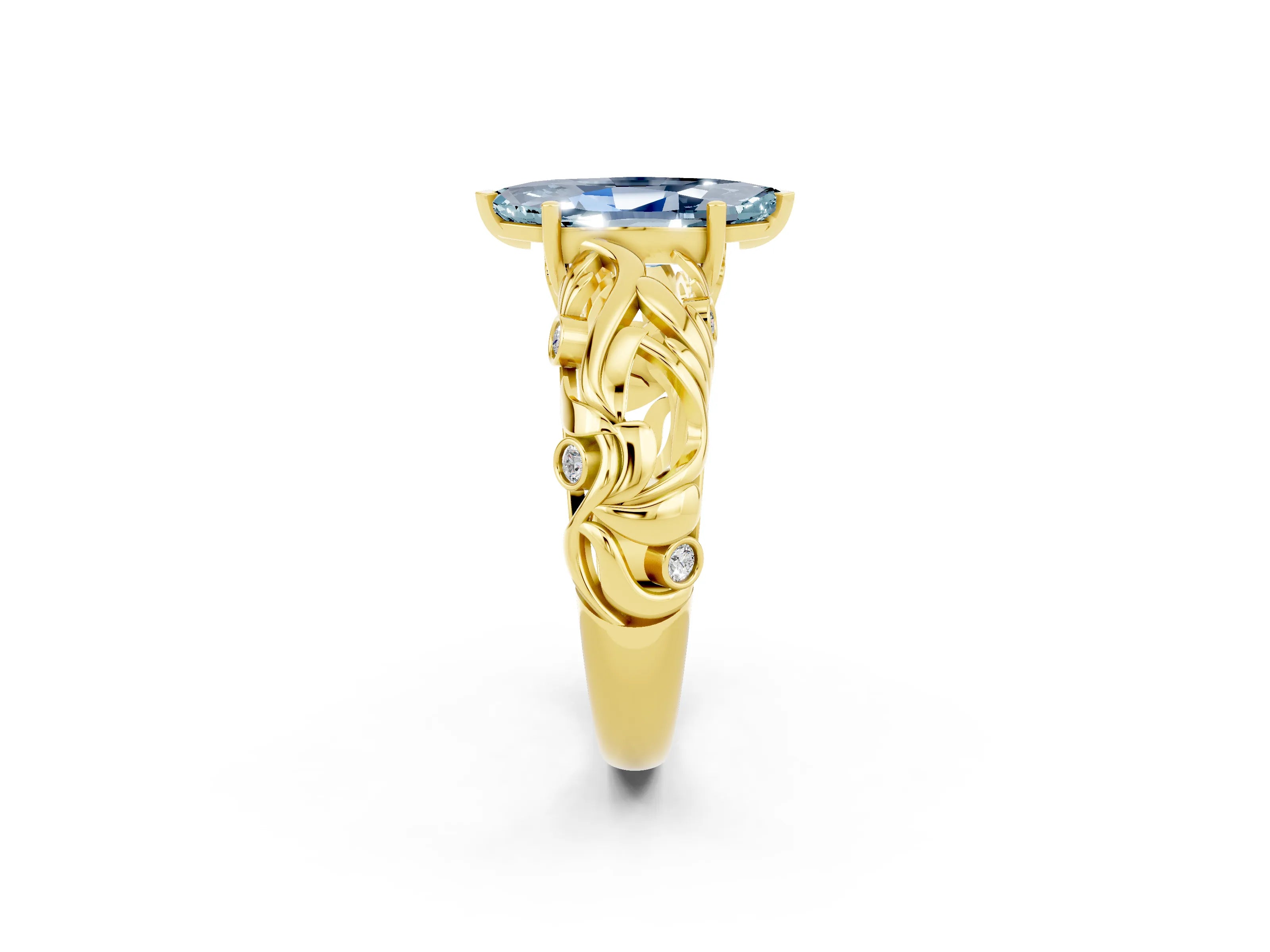 Yellow gold Marquise Cut Solitaire Aquamarine Leaf-Inspired Vine Band Ring with Prong Setting_2