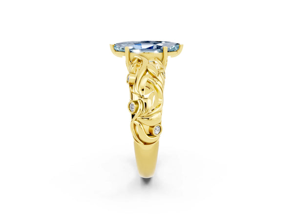 Yellow gold Marquise Cut Solitaire Aquamarine Leaf-Inspired Vine Band Ring with Prong Setting