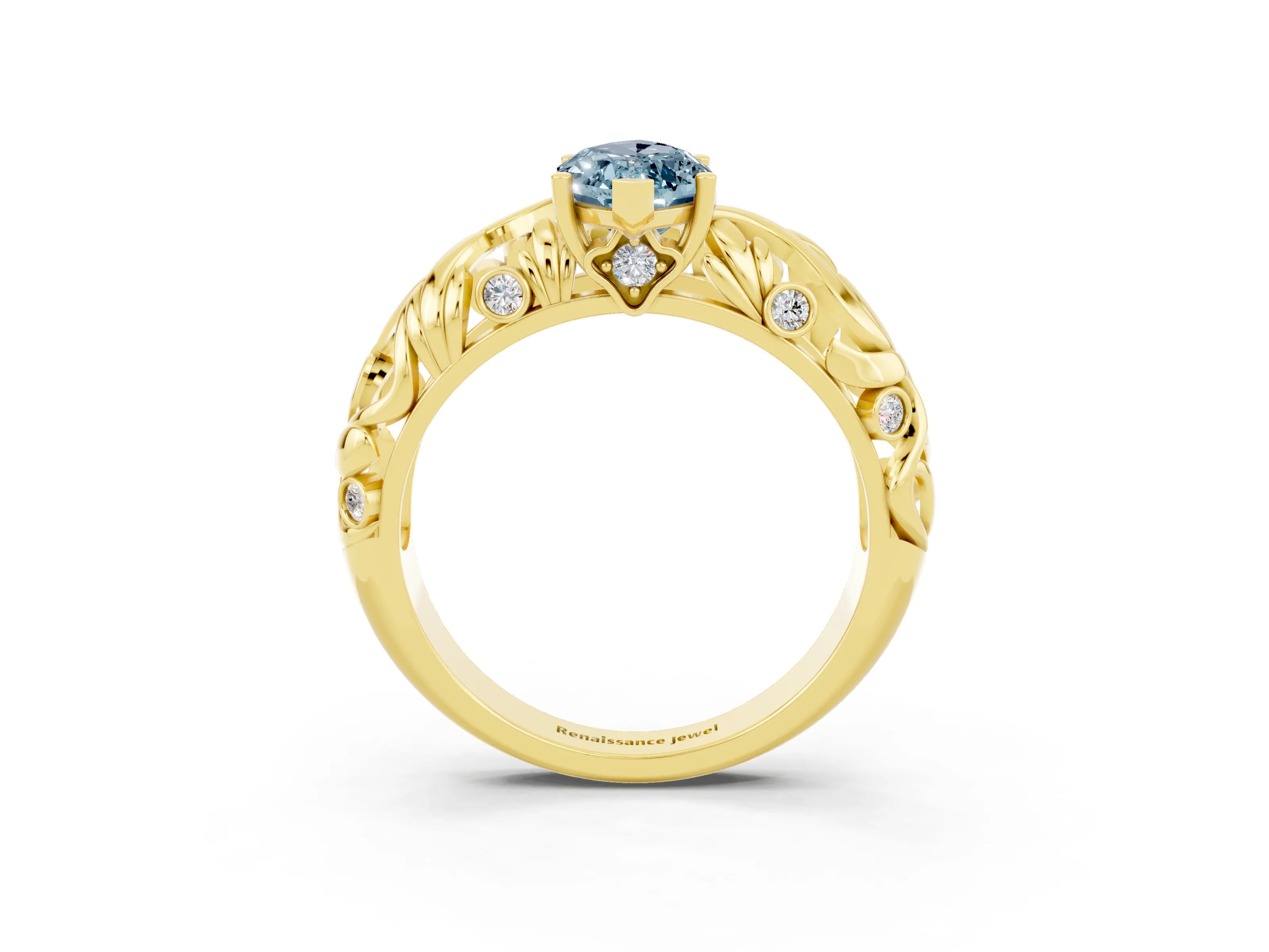 Yellow gold Marquise Cut Solitaire Aquamarine Leaf-Inspired Vine Band Ring with Prong Setting_3