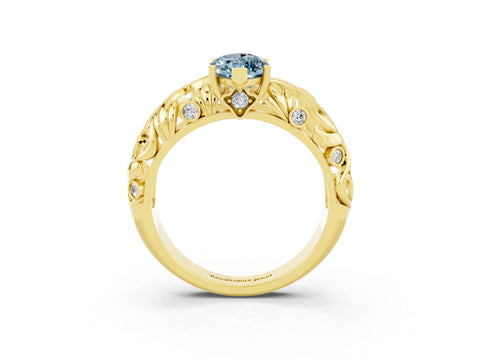 Yellow gold Marquise Cut Solitaire Aquamarine Leaf-Inspired Vine Band Ring with Prong Setting_3
