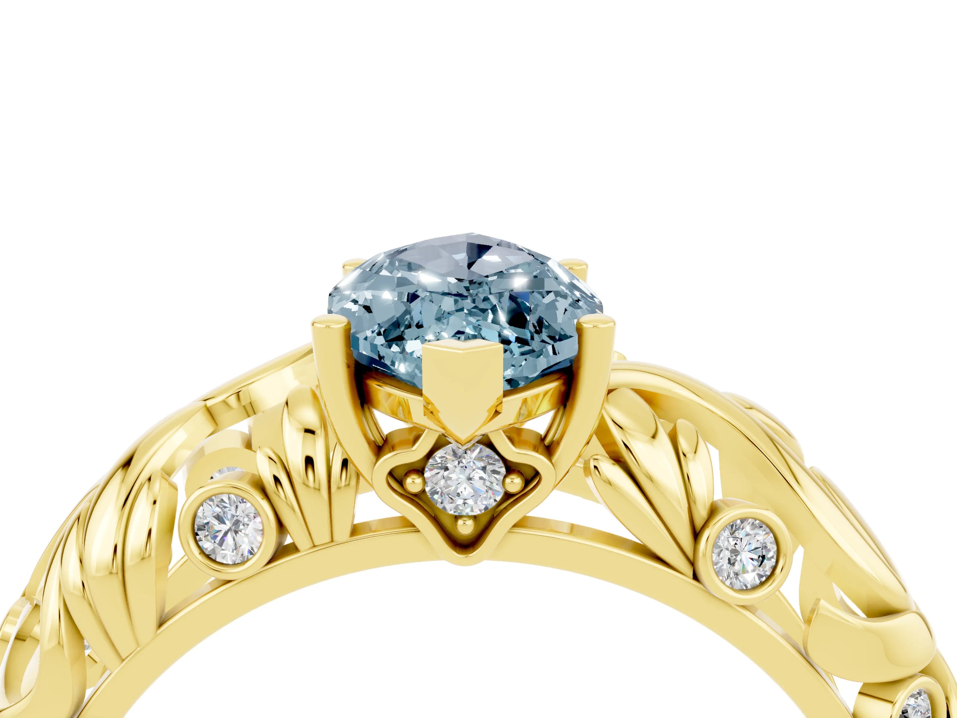 Yellow gold Marquise Cut Solitaire Aquamarine Leaf-Inspired Vine Band Ring with Prong Setting_4