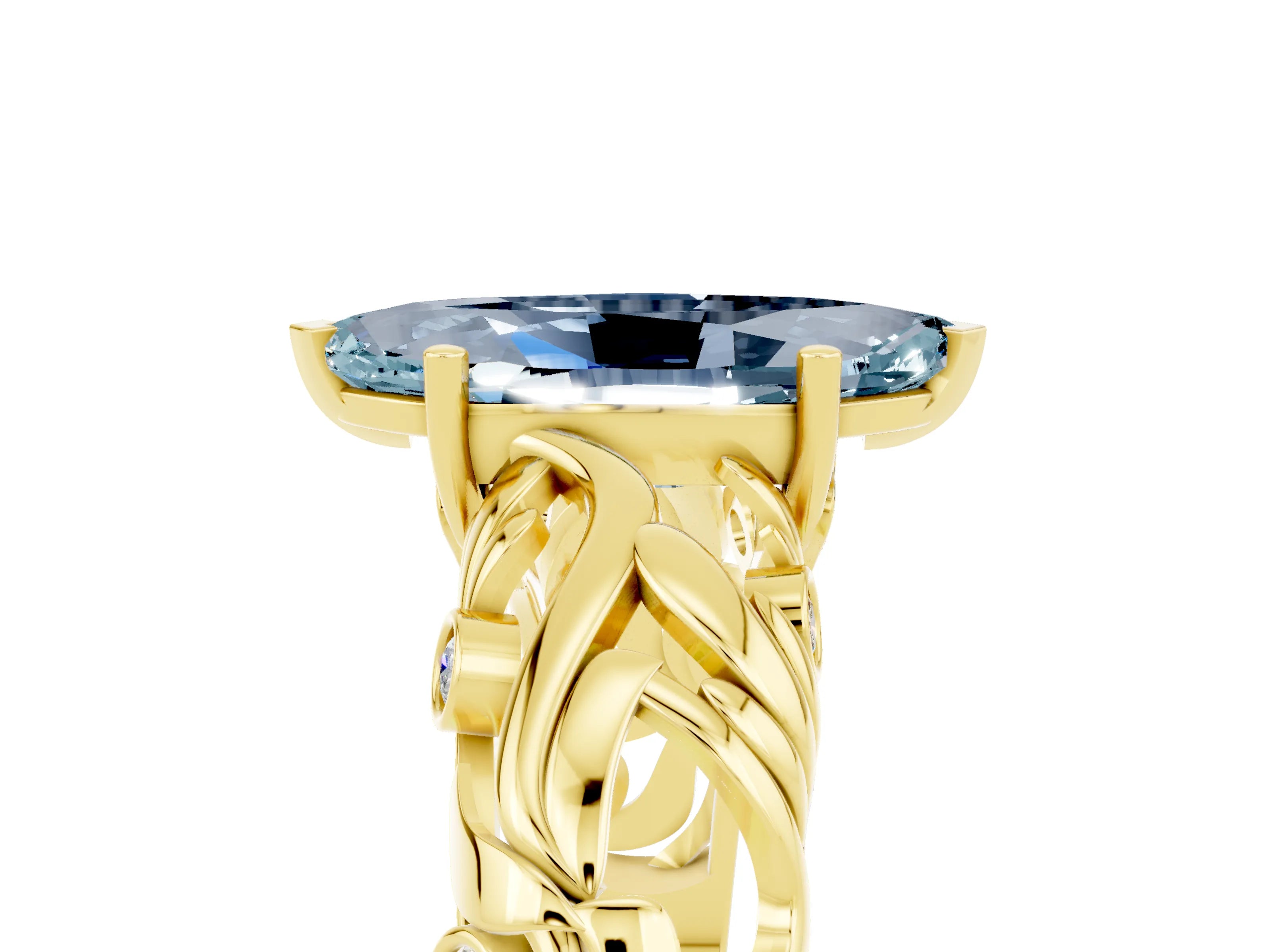 Yellow gold Marquise Cut Solitaire Aquamarine Leaf-Inspired Vine Band Ring with Prong Setting_5