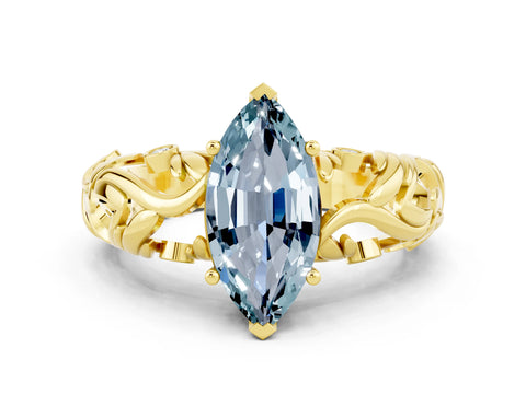 Yellow gold Marquise Cut Solitaire Aquamarine Leaf-Inspired Vine Band Ring with Prong Setting