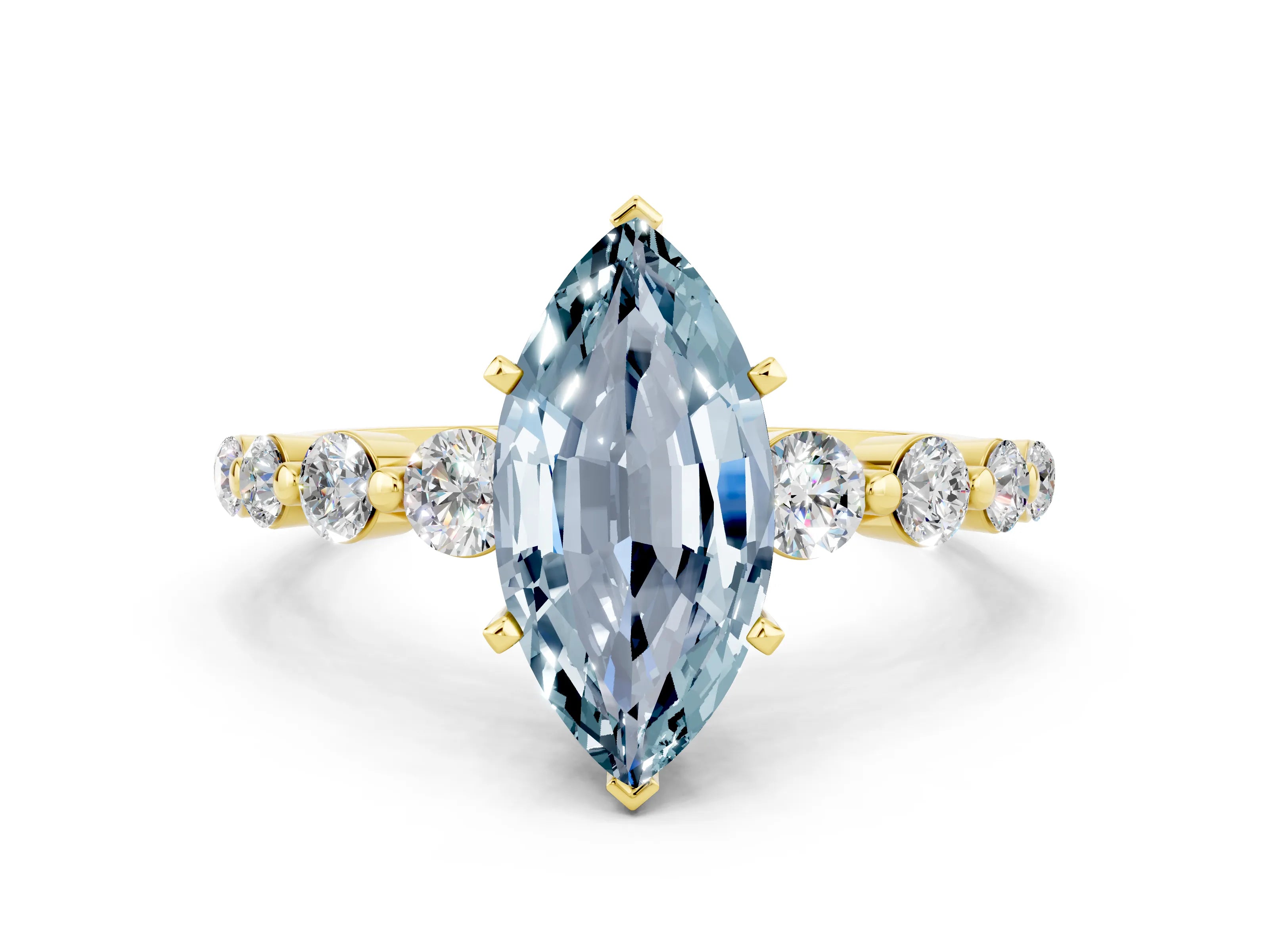 Yellow gold Marquise Cut Solitaire Aquamarine Ring with Pave Band and Four-Prong Setting