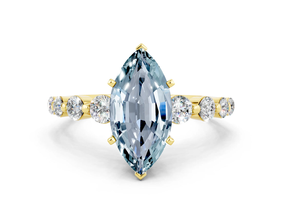 Yellow gold Marquise Cut Solitaire Aquamarine Ring with Pave Band and Four-Prong Setting