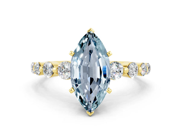 Yellow gold Marquise Cut Solitaire Aquamarine Ring with Pave Band and Four-Prong Setting