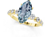 Yellow gold Marquise Cut Solitaire Aquamarine Ring with Pave Band and Four-Prong Setting_1